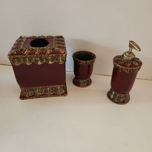3 PCS Indian Ink Heavy Resin Burgundy/Gold Bathroom Accessory Set